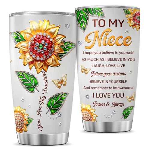 To My Niece 20oz Insulated Tumbler with Sunflower Design, Inspirational Birthday Gift for Niece from Aunt or Uncle, Stainless Steel Vacuum Cup for Graduation, Christmas, Valentine's Day - color: Niece Love