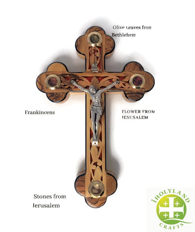 Catholic Crucifix for Wall With Mother of Pearl, Olive Wood Cross Wall Decor, 9 Inch Wooden Crucifix with Relics from the Holy Land, Wedding Crucifix, Decorative Wooden Crosses, christian cross gift