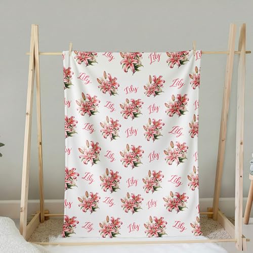 Personalized Floral Name Blanket, Custom Floral Name Design Lily, Soft Nursery Throw, Newborn Birthday Baptism Christening Keepsake - color: #Ver3