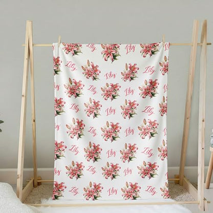 Personalized Floral Name Blanket, Custom Floral Name Design Lily, Soft Nursery Throw, Newborn Birthday Baptism Christening Keepsake - color: #Ver3