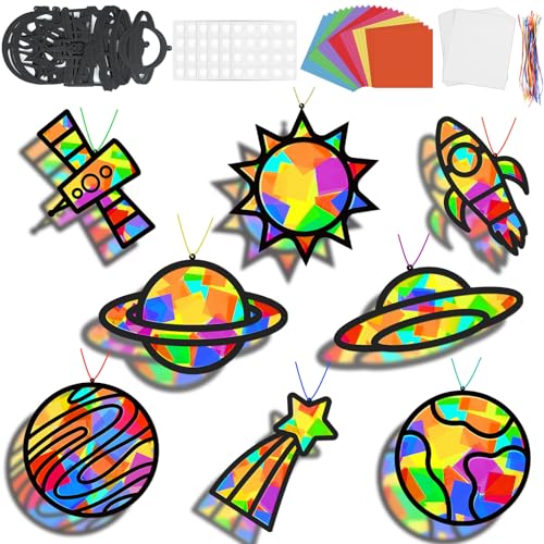 Lonfliness 32 Sets Solar System Suncatchers Crafts Kit DIY Outer Space Window Stained Glass Effect Paper Planet Home School Classroom Decoration Art Craft Creative Activity Project Gift Favor - style: Solar System