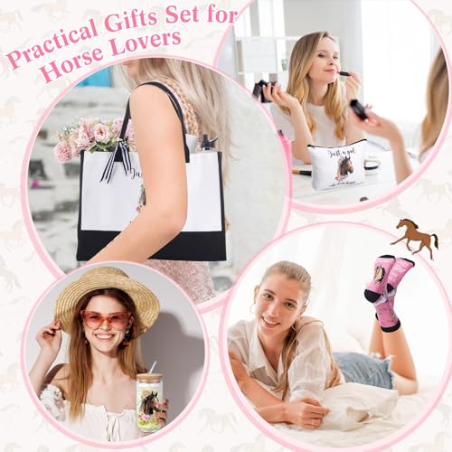 Pickmesh 7 Pack Horse Gifts for Birthday, Horse Racing Gift Set for Women, Canvas Tote Bag, Makeup Bag, 16 oz Glass Cup, Socks, Gift Card Natural Stone Bracelet with Box for Derby Party Favor - style: Horse
