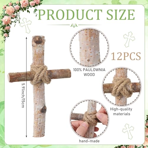 Yerliker 12 Set White Birch Wooden Rustic Cross Centerpieces Bulk 6" x 4" Rustic Cross Table Decor with Jute Rope for Plate, Christian Baptism Wedding Church Home Decorations