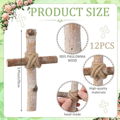 Yerliker 12 Set White Birch Wooden Rustic Cross Centerpieces Bulk 6" x 4" Rustic Cross Table Decor with Jute Rope for Plate, Christian Baptism Wedding Church Home Decorations