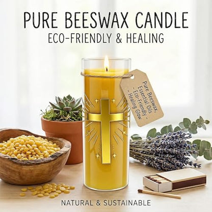 2 Pack 100% Pure Beeswax Pillar Candles in Glass Jar with Cross Design – Unscented, 80-Hour Long Burning, Dripless & Smokeless – Non-Toxic Candles for Prayer, Meditation & Religious Gifts