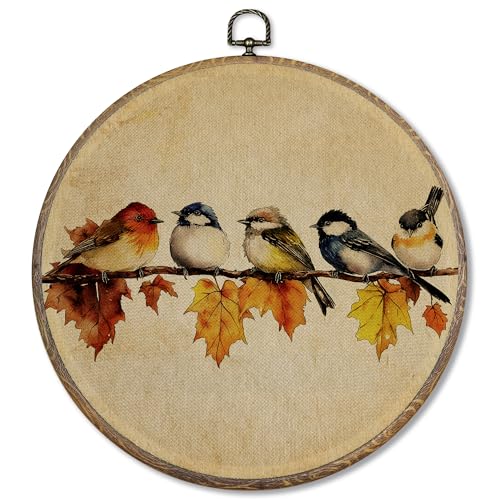 FUGWN Vintage Fall Leaf Bird Round Wall Art Decor Framed, Rustic Fall Canvas Artwork Prints, Vintage Farmhouse Autumn Branch Bird Wall Hanging Decorations for Home Living Room Bedroom, 10x10 Inch - color: red, brown, green, yellow