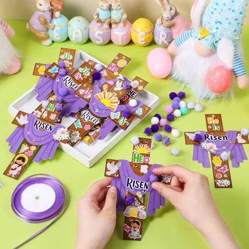 Funrous 48 Sets Crafts Kit Paper Crafts DIY Make Your Own Hanging Ornaments with Pompoms Diamond Stickers for Holiday Classroom Activities Party Favors, Easter Jesus - style: Easter Jesus