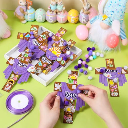 Funrous 48 Sets Crafts Kit Paper Crafts DIY Make Your Own Hanging Ornaments with Pompoms Diamond Stickers for Holiday Classroom Activities Party Favors, Easter Jesus - style: Easter Jesus