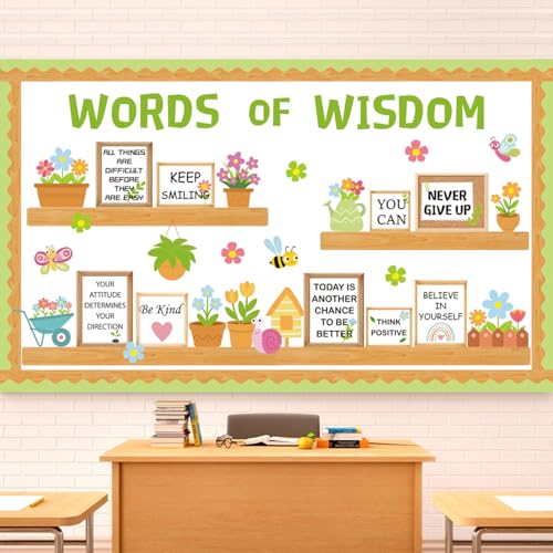 Spring Flower Bulletin Board Decorations Set Inspirational Bookshelf Classroom Decorations March April Floral Cutout Words of Wisdom Bulletin Decor with Border for Wall Door Library Home Office School - color: Words of Wisdom - Spring