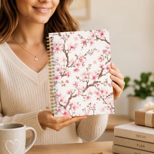 JMICTUB Pink Cherry Blossom Floral Spiral Notebook 5.5x8.3, Japanese Flower Botanical Hardcover Lined Journal - color: Spiral notebook-17