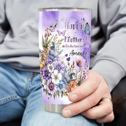 Personalized Mom Tumbler Custom Name Insulated cups Travel Coffee Mug with Lids Stainless Steel 20 30 Oz Gifts for Mom Women Grandma Mother's Day - color: Happy 631