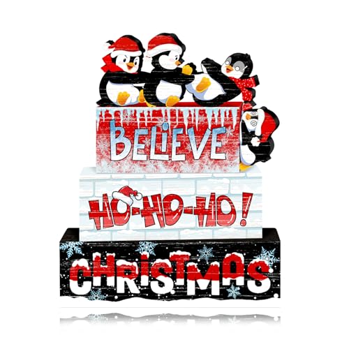 Britimes Christmas Tiered Tray Decor Set, 4 Pack Wooden Table Sign, Penguin - style: Penguin