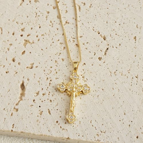 Gold Cross Necklace for Women, 14K Gold Plated - style: Jesus on the cross