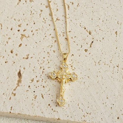 Gold Cross Necklace for Women, 14K Gold Plated - style: Jesus on the cross