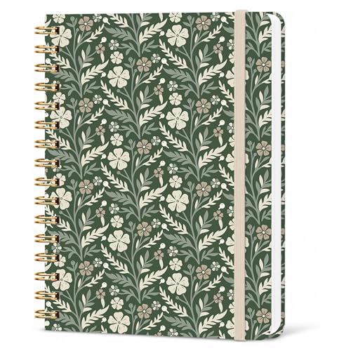 Green Floral Lined Spiral Notebook, Pretty Hardcover Journal 6'' x 8.4'', Botanical Notebook for Women, Work, Writing, Journaling Gift - color: green sage