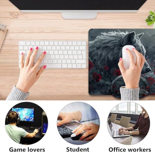 Mouse Pad 9.4"x7.9" + Wrist Support Pad + Embroidered Cup Pad Non-Slip Set, Ergonomic Mouse Wrist Support Pad, Suitable for Office/Gaming/Home Use, Wolf and Rose - color: Wolf and Rose