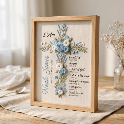 NAZENTI Custom Hand Embroidery Wooden Frame Sign Baptism Gift for Boy, Personalized Embroidered Floral Sign with Name - color: DS06