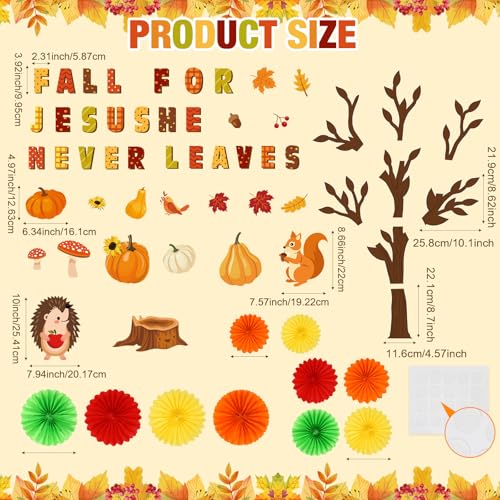 Gersoniel 81 Pcs Fall for Jesus He Never Leaves Bulletin Board Set Thanksgiving Tree Bulletin Board Decorations for Classroom 3D DIY Paper Fans Religious Cross Wall Decor Thanksgiving Hedgehog Cutouts - style: Fall