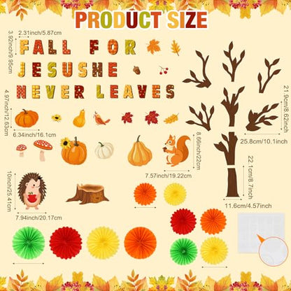 Gersoniel 81 Pcs Fall for Jesus He Never Leaves Bulletin Board Set Thanksgiving Tree Bulletin Board Decorations for Classroom 3D DIY Paper Fans Religious Cross Wall Decor Thanksgiving Hedgehog Cutouts - style: Fall