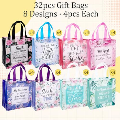 32 Pcs Christian Gift Bags for Women Non Woven Bulk Religious Gift Bags with Handles Reusable Flower Bible Verse Tote for Church Events, Baptism, Easter, Communion, Wedding