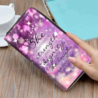 Christian Quote Bible Verse Proverbs 31:25 Print Wallet for Women Large Capacity Wallet Credit Card Holder PU Leather Zipper Clutch Purse Phone Wallet - color: Christian Quote Bible Verse Proverbs 31:25