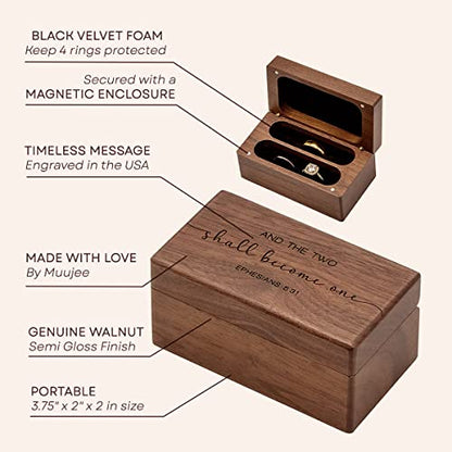 MUUJEE Ephesians 5:31 Quad Ring Box - Engraved Wooden Ring Case Box for Wedding Ceremony Ring Bearer Anniversary Birthday Valentines Gift Ideas - color: Two Become One