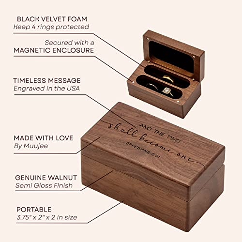MUUJEE Ephesians 5:31 Quad Ring Box - Engraved Wooden Ring Case Box for Wedding Ceremony Ring Bearer Anniversary Birthday Valentines Gift Ideas - color: Two Become One