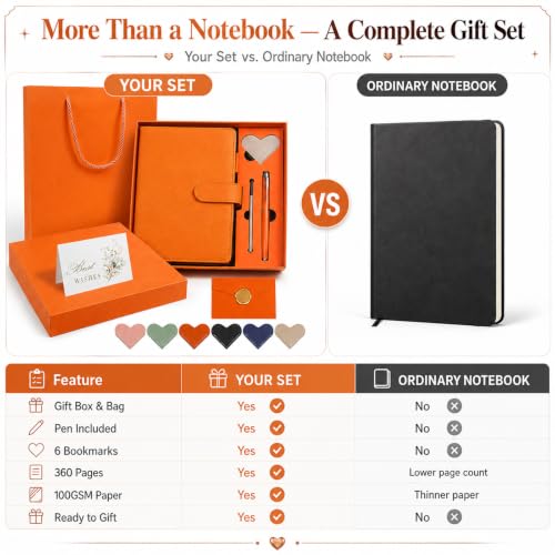 A5 Leather Journal for Women Men, Hardcover Notebook Set with Pen, orange - color: orange