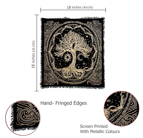 Indian Consigners Tree of Life Altar Cloth Tapestry Tablecloth Celtic Trees Ritual Spiritual Cloth for Sacred Places, Cotton Square Tarot Table Cover 18 by 18 Sacred - color: Golden Sun Moon Tree, size: 18" x 18" (Square)