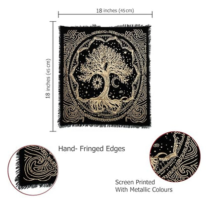 Indian Consigners Tree of Life Altar Cloth Tapestry Tablecloth Celtic Trees Ritual Spiritual Cloth for Sacred Places, Cotton Square Tarot Table Cover 18 by 18 Sacred - color: Golden Sun Moon Tree, size: 18" x 18" (Square)