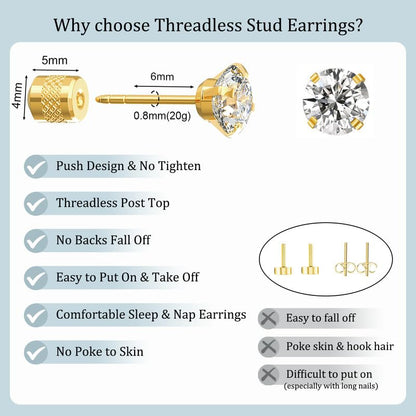 Titanium Earrings Push-in Threadless Flat Back Stud Earrings for Women Men, Cartilage Earring Hypoallergenic Cubic Zirconia Earrings Studs for Helix Tragus Piercing Jewelry - color: Gold-2mm