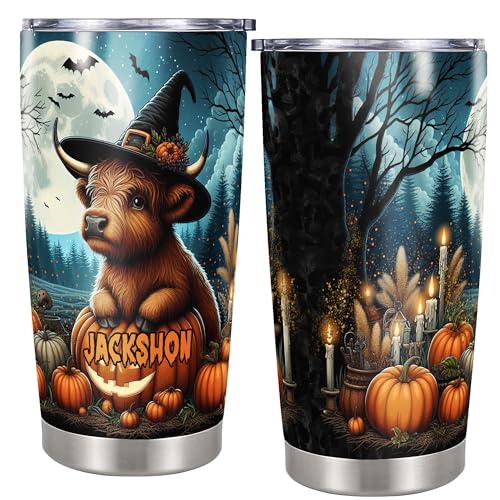 Personalized Highland Cow Halloween Tumbler Custom Name Cows Travel Mug Coffee Insulated Cup with Lid Stainless Steel 20Oz 30Oz Gifts for Women Men Girls Spooky Season - color: Halloween 569