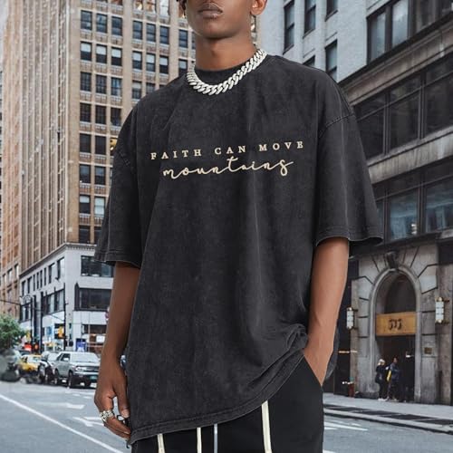 Men's Graphic Shirt Faith Can Move Mountains Shirt Oversized Camping Hiking Tees Acid Wash Casual T-Shirt - color: A Black, size: Small