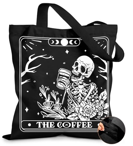 Miss Adola Canvas Tote Bag for Women with Zipper, Coffee Skull - color: Coffee Skull