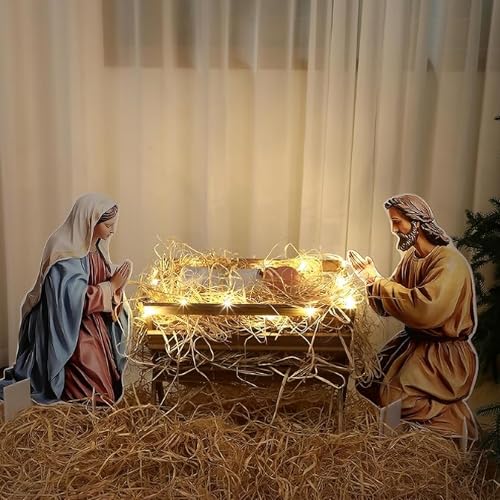 Chunful 10 Pcs Large Nativity Scene Set 19 Inch Wooden Manger Baby Jesus Holy Family with Light Nacimiento De Jesus Decor Traditional Religious Christmas Indoor Outdoor Decoration