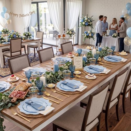 WDF 175Pcs Blue Plastic Plates - Heavy Duty Baby Blue Plates Disposable - 25Guests Plastic Dinnerware Ideal for Parties/Wedding/Baby Shower/Hanukkah - color: Bule and Gold, size: 175 pieces