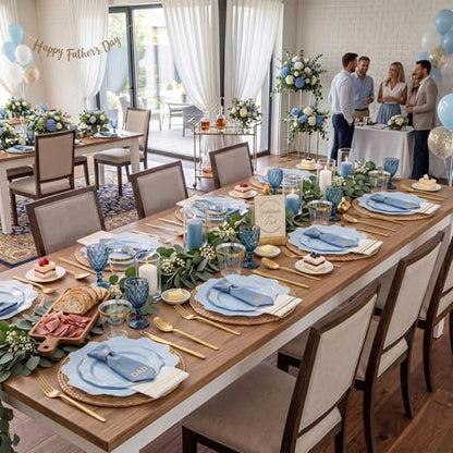 WDF 175Pcs Blue Plastic Plates - Heavy Duty Baby Blue Plates Disposable - 25Guests Plastic Dinnerware Ideal for Parties/Wedding/Baby Shower/Hanukkah - color: Bule and Gold, size: 175 pieces