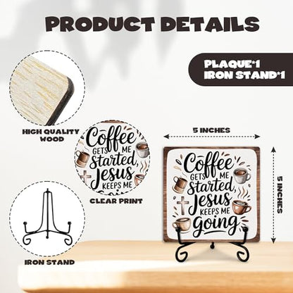 Coffee Gets Me Started Jesus Keeps Me Going Wooden Sign Decor, Rustic Wooden Plaque Sign With Iron Stand,Christian Home Office Bar Desk Shelf Decorations - style: Coffee
