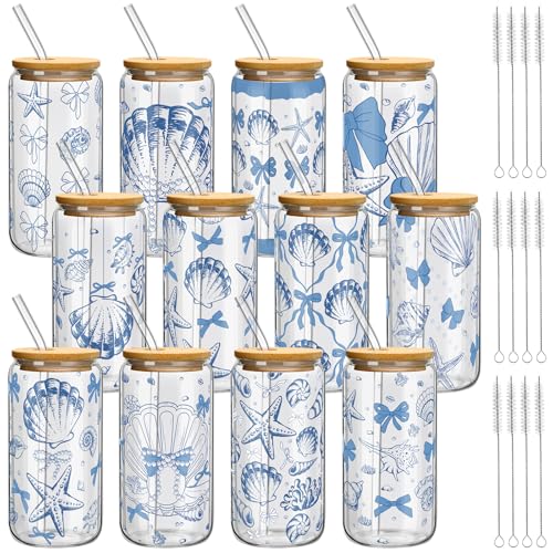 Teenyyou 12 Set of Shell Glasses with Bamboo Lid and Glass Straw 16 oz Summer Drinking Cup Beer Iced Coffee Cup Tumbler Mugs for Teacher's Day Gift Holiday Party Office - style: Shell