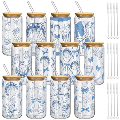 Teenyyou 12 Set of Shell Glasses with Bamboo Lid and Glass Straw 16 oz Summer Drinking Cup Beer Iced Coffee Cup Tumbler Mugs for Teacher's Day Gift Holiday Party Office - style: Shell