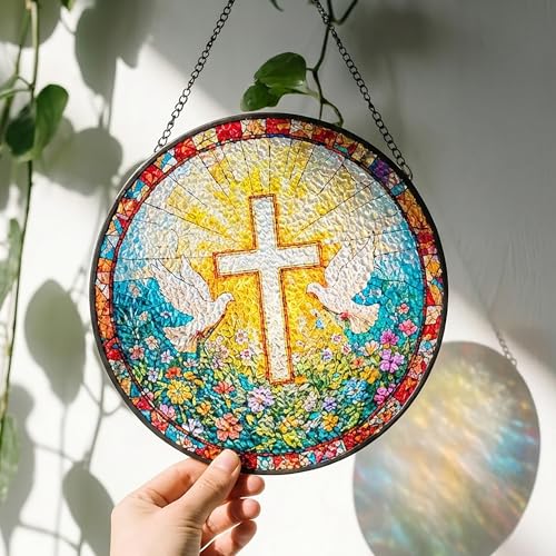 Stained Glass Window Hanging Sun Catcher, 8 Inch Wildflower Cross Wall Decor, Christian Gifts for Women, Catholic Religious Easter Decor for Home Indoor(B7) - color: B7