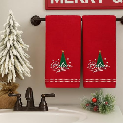 Christmas Red Guest Hand Bathroom Towels, Elegant Believe XMas Tree, 16x26" - color: Red