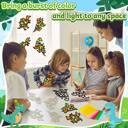 Lonfliness 32Sets Dinosaur Suncatchers Crafts Kit DIY Dino Window Stained Glass Effect Paper Dinosaur Animal Home School Classroom Decoration Art Craft Creative Activity Project Kid Gift Favor - style: Dinosaur