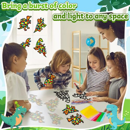 Lonfliness 32Sets Dinosaur Suncatchers Crafts Kit DIY Dino Window Stained Glass Effect Paper Dinosaur Animal Home School Classroom Decoration Art Craft Creative Activity Project Kid Gift Favor - style: Dinosaur