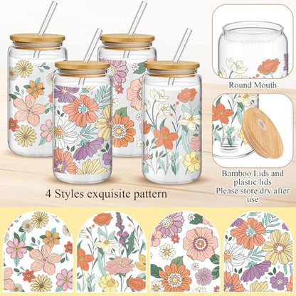 Mumufy 4 Pack Bohemian Flower Glass Cup, 16 oz Tumbler Mug with Bamboo Lid - style: Bohemian Flower
