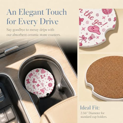 Car Coasters for Cup Holders, Pink Bow Car Coasters Set of 2, B10 - color: Pink Bow