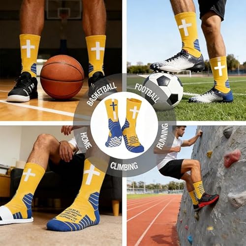 3 Pair Christian Cross Grip Soccer Socks - Moisture-Wicking Anti-Slip Grips Sports Sock with Bible for US 6-13 - color: Yellow