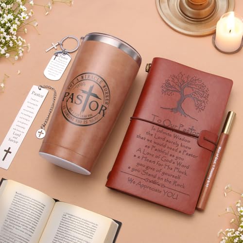 Pastor Appreciation Gifts for Men Christian Pastor Gifts Unique Pastor Gift for Pastors Including Leather Journal Tumbler Keychain Socks Acrylic Medal Pen Bookmarks Card for Birthday Christmas