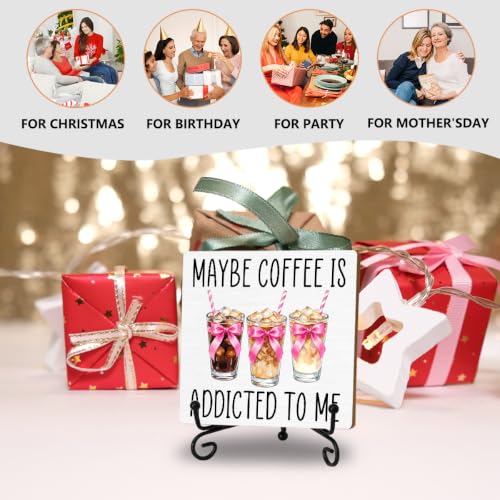 Coffee Bar Sign, Coquette Pink Bow Coffee Wooden Plaque With Iron Stand - color: Iced Coffee