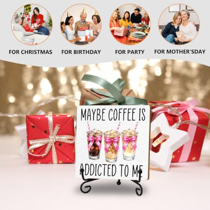 Coffee Bar Sign, Coquette Pink Bow Coffee Wooden Plaque With Iron Stand - color: Iced Coffee